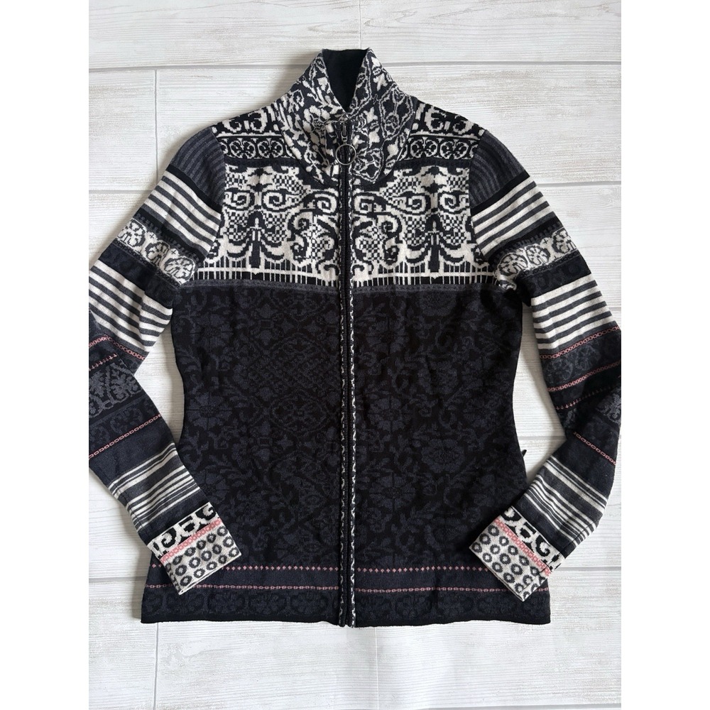 Icelandic Design Sweater Full Zip Cardigan Fair Isle Nordic Small Black/Gray